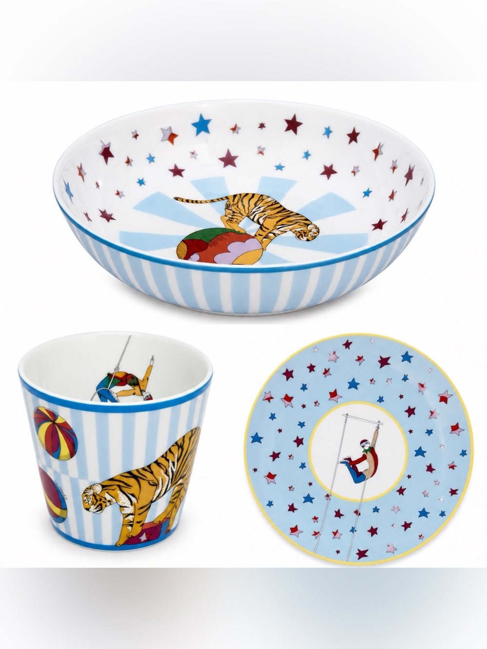 Hermes Blue White Multicolor Circus Tiger Dinnerware Set